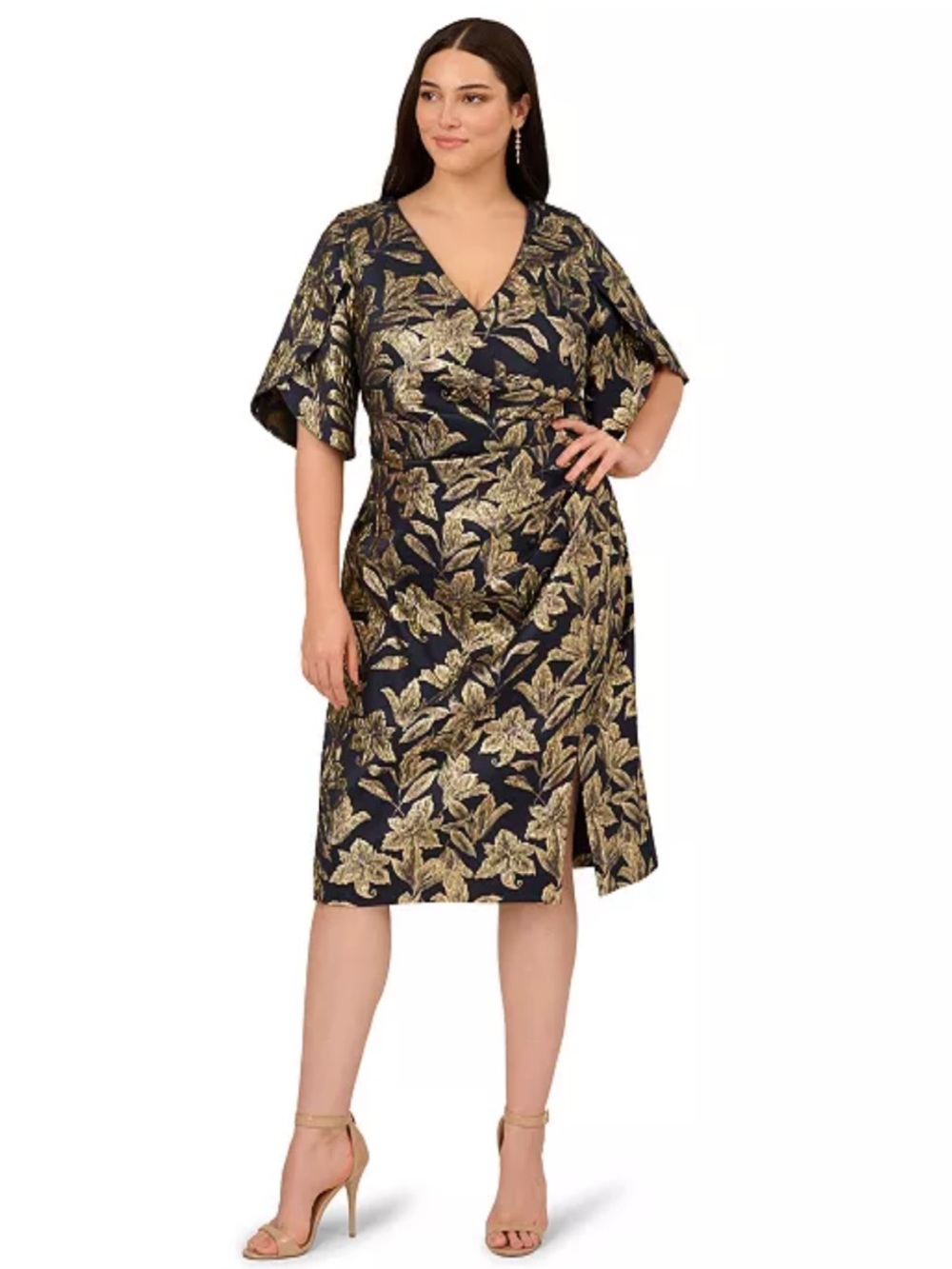 NWT Adrianna Papell Studios Jacquard Stretch Navy Gold Sheath Dress 16